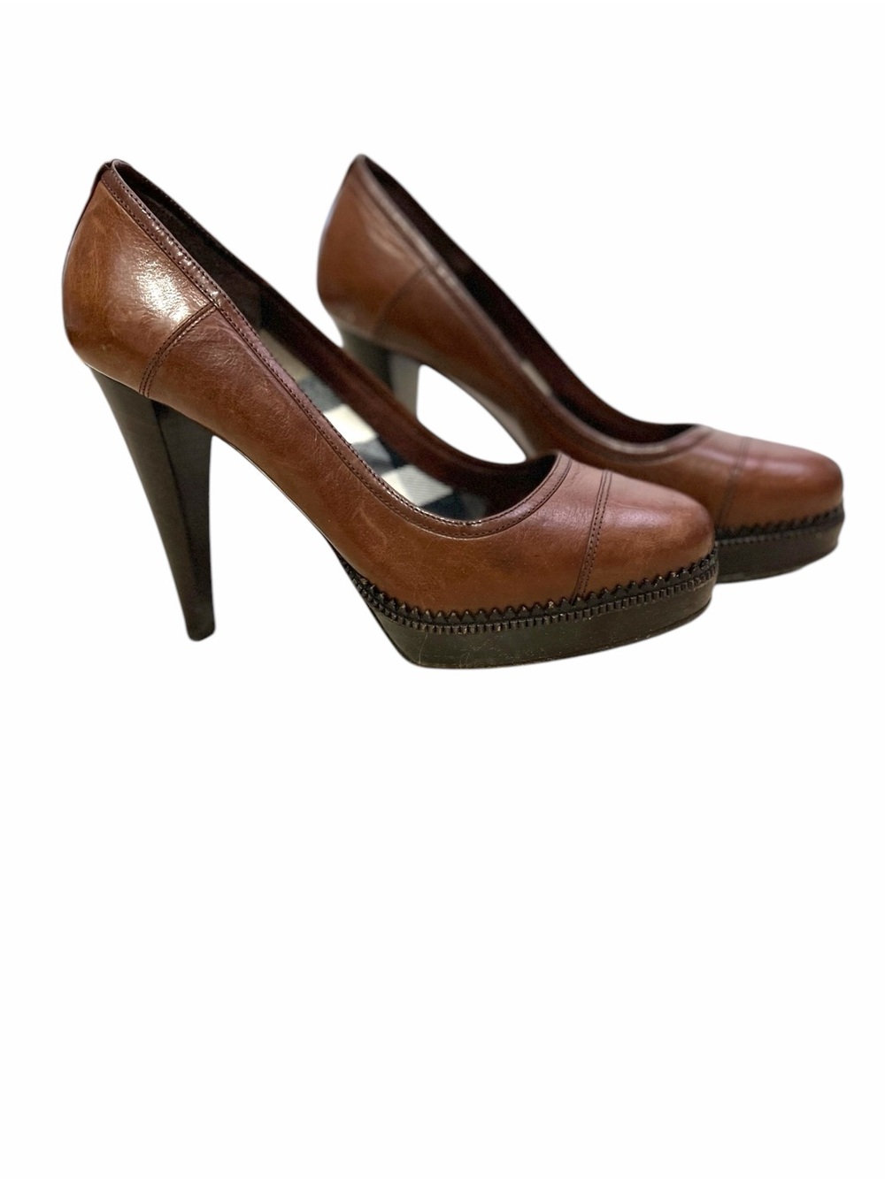 Burberry Brown Leather Platform Pumps High Heel Made in Italy Size 39